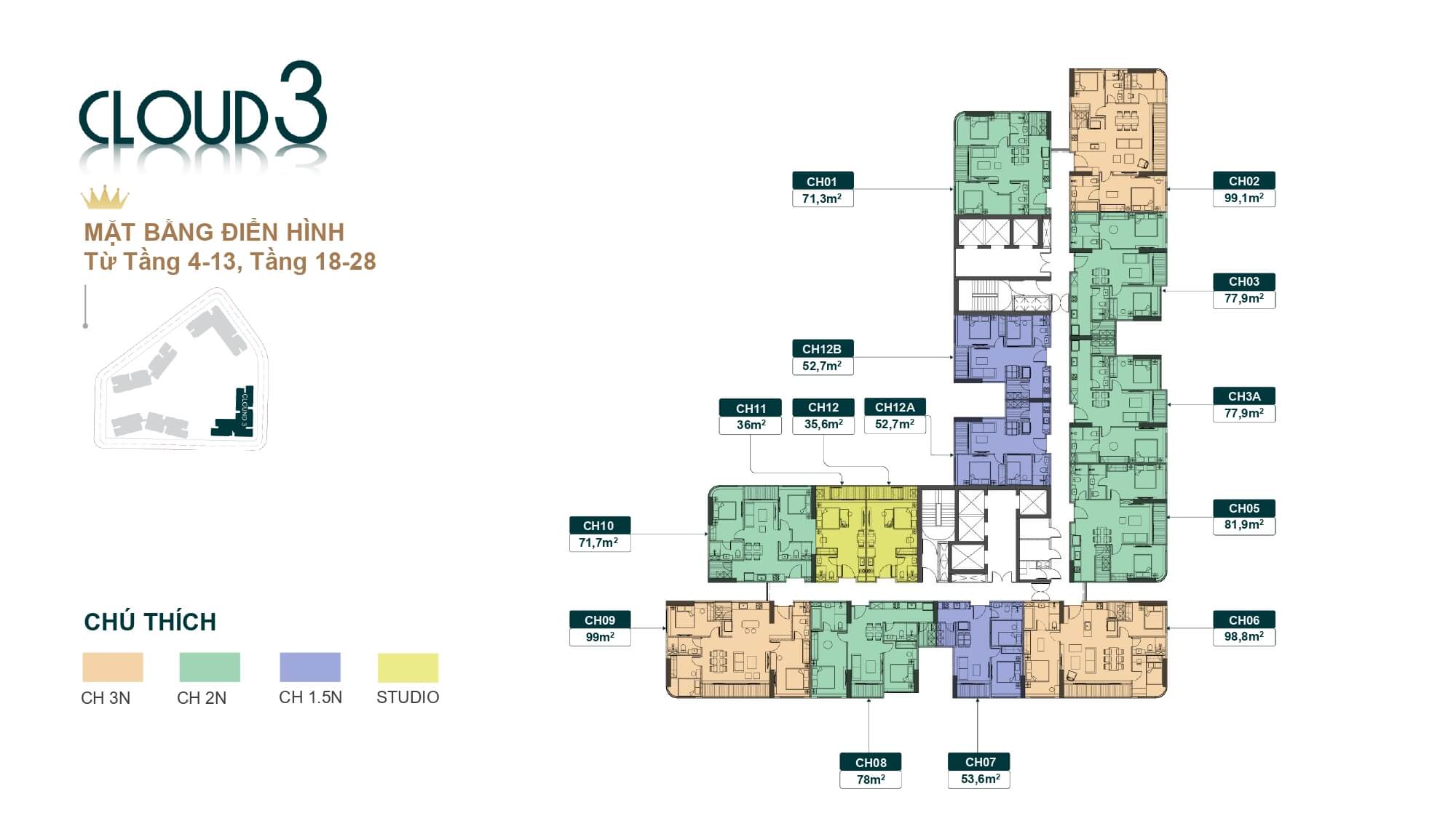 mặt bằng tòa cloud 3 dự án royal mansion bắc ninh